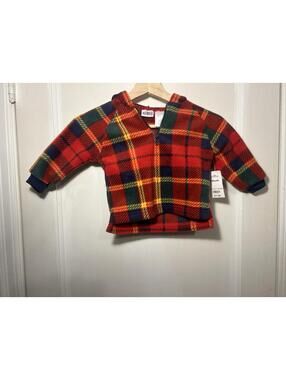 Vintage 90s NWT Boys Fleece Hooded Plaid Okie Dokie Quarter Zip Pull Over 18 Mo